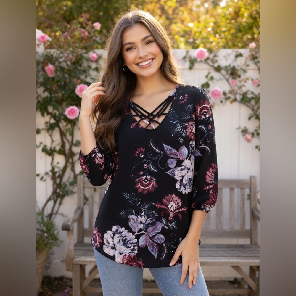 Maurices Black and Purple Floral Blouse